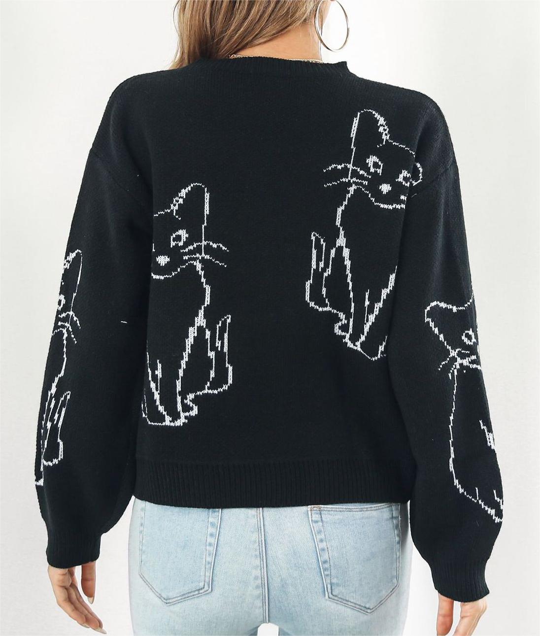 Cat Outline Jacquard Crew Neck Sweater - black - 1