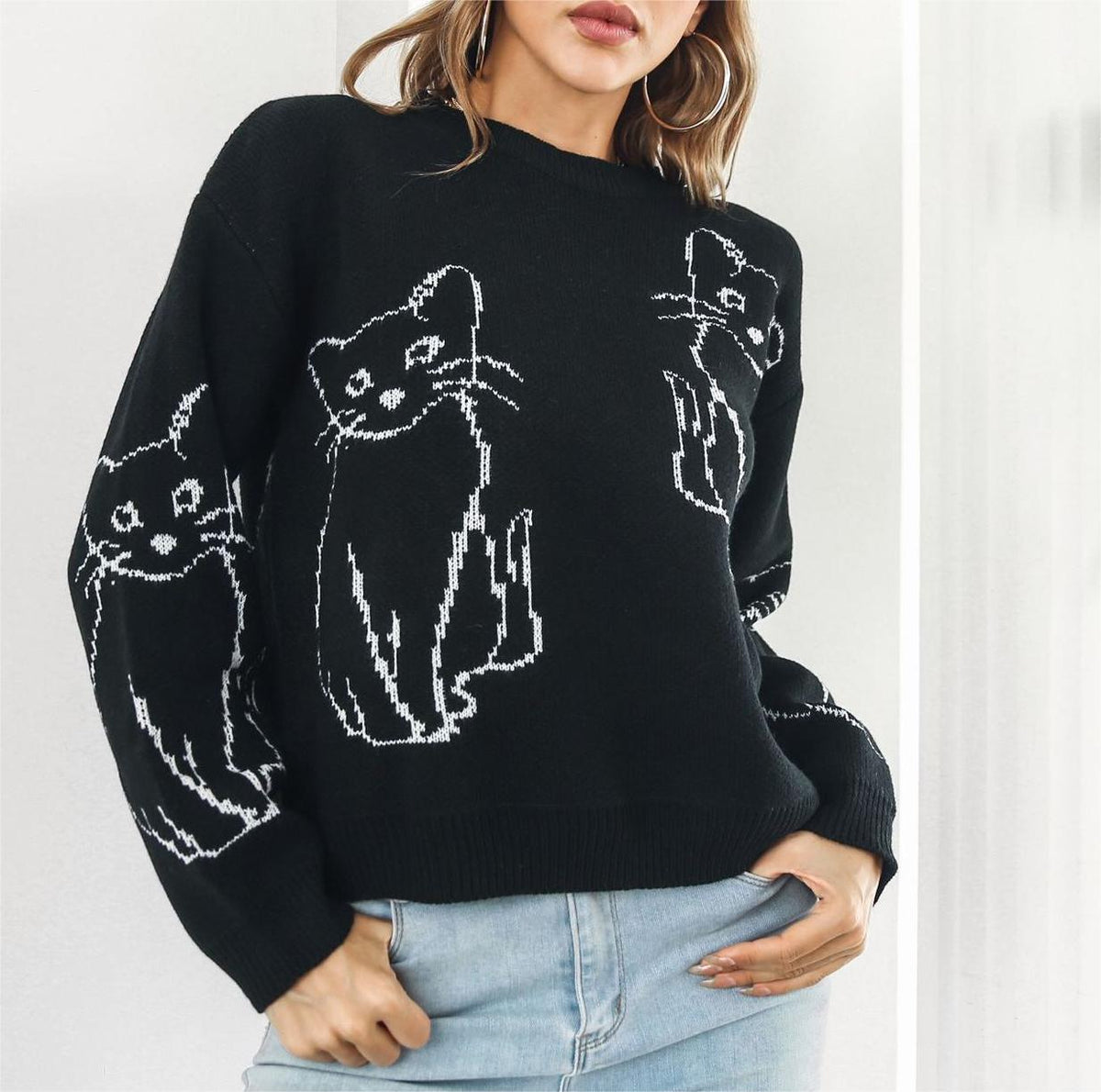 Cat Outline Jacquard Crew Neck Sweater - black - 3