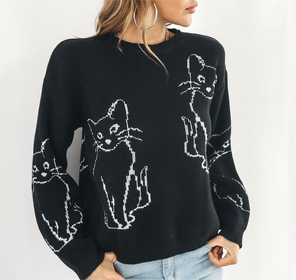 Cat Outline Jacquard Crew Neck Sweater - black - 4