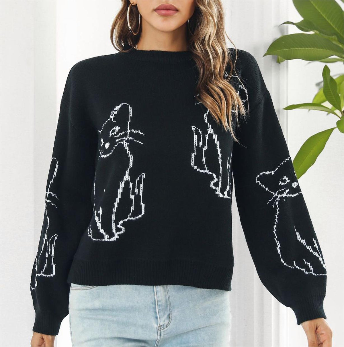 Cat Outline Jacquard Crew Neck Sweater - black - 5