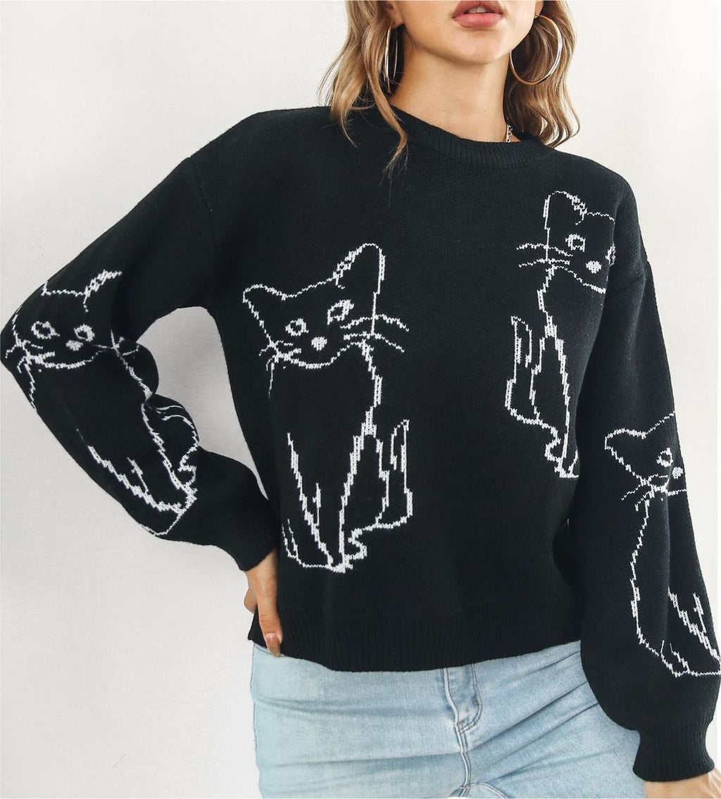 Cat Outline Jacquard Crew Neck Sweater - black - 6