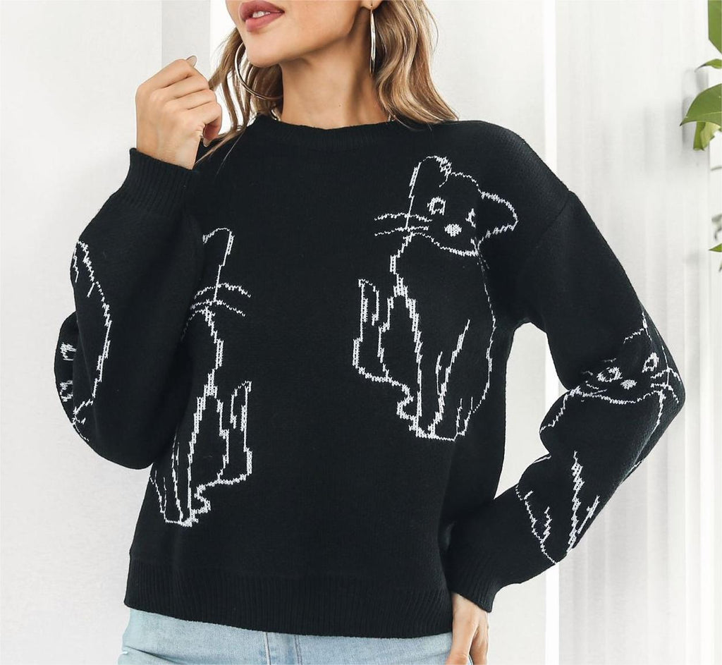 Cat Outline Jacquard Crew Neck Sweater - black - 7