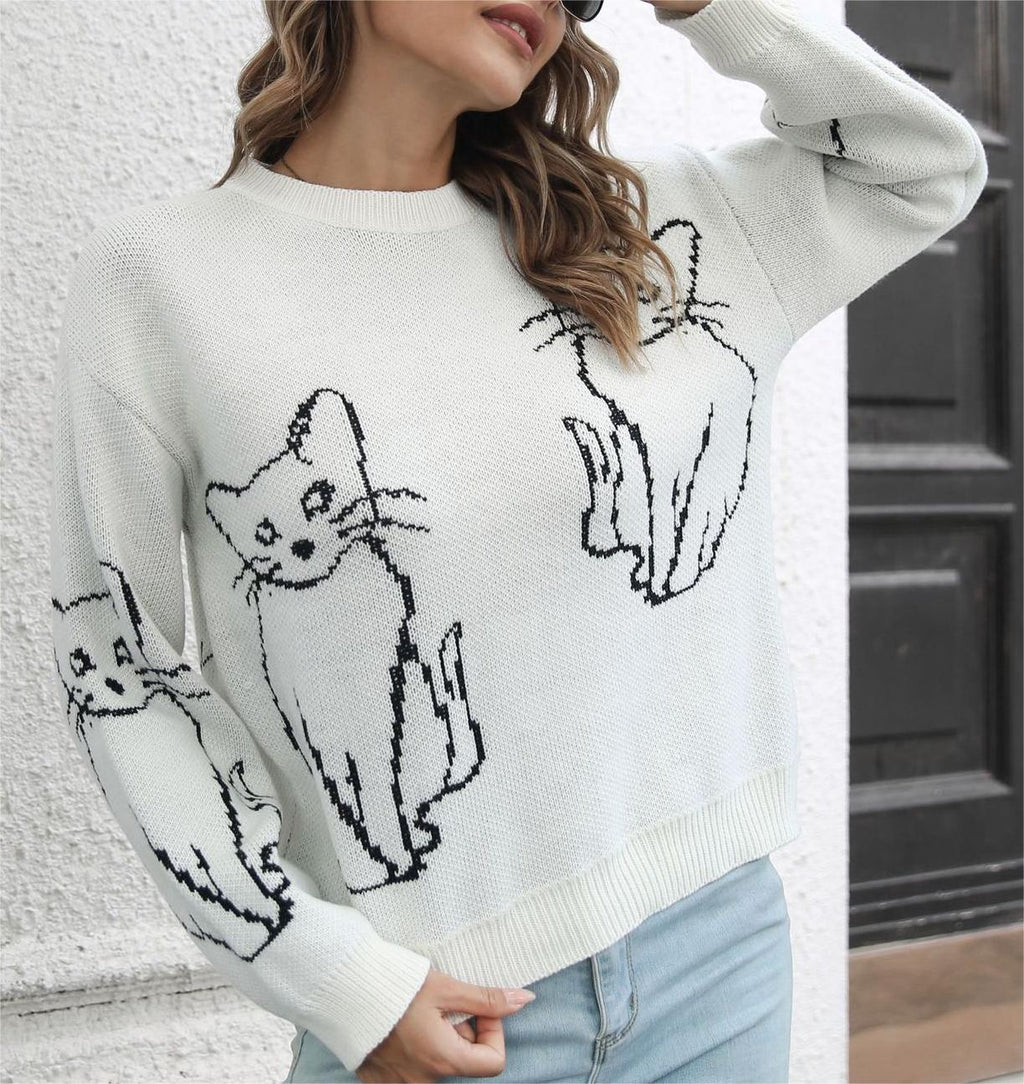 Cat Outline Jacquard Crew Neck Sweater