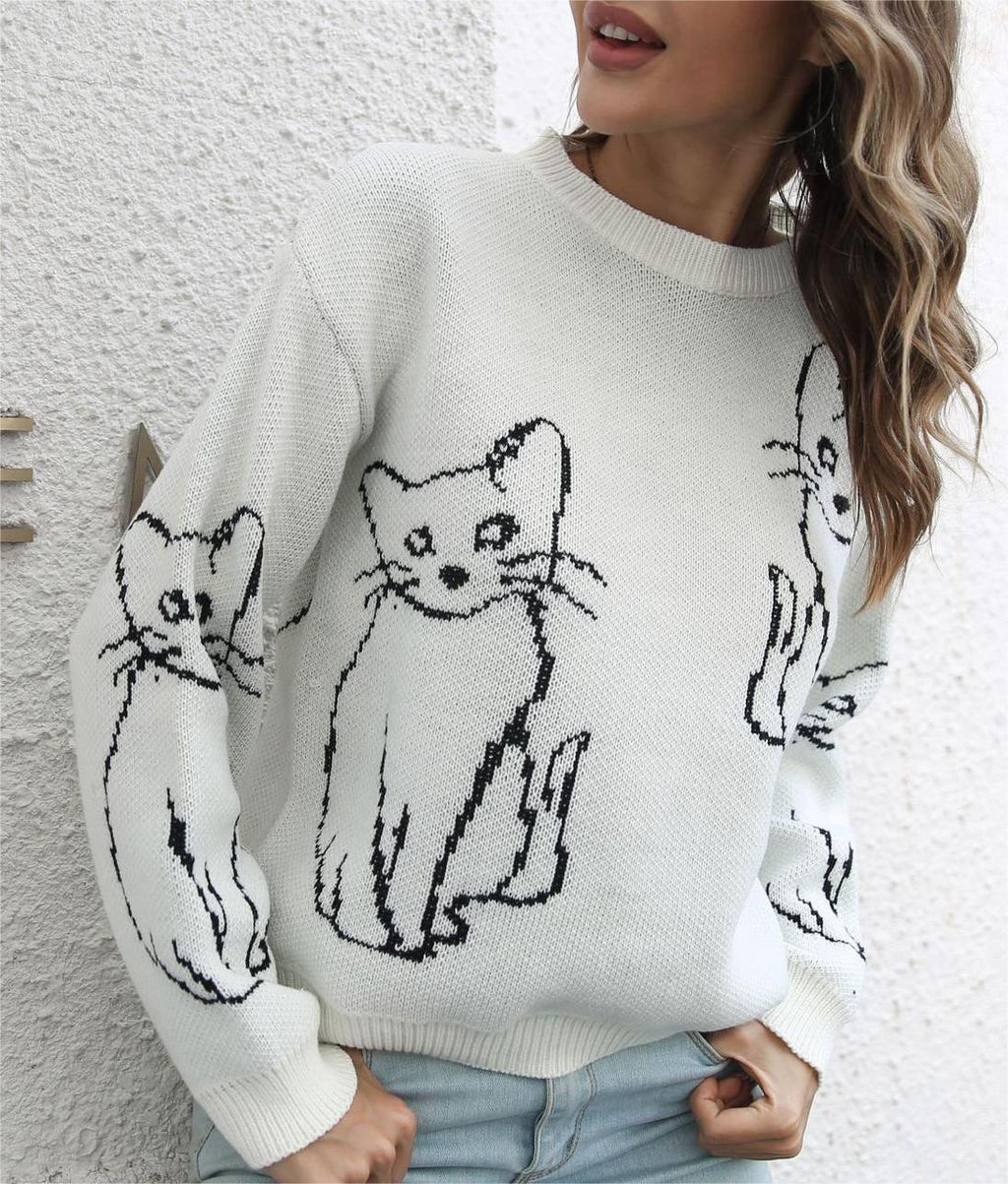 Cat Outline Jacquard Crew Neck Sweater - white