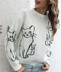 Cat Outline Jacquard Crew Neck Sweater - white