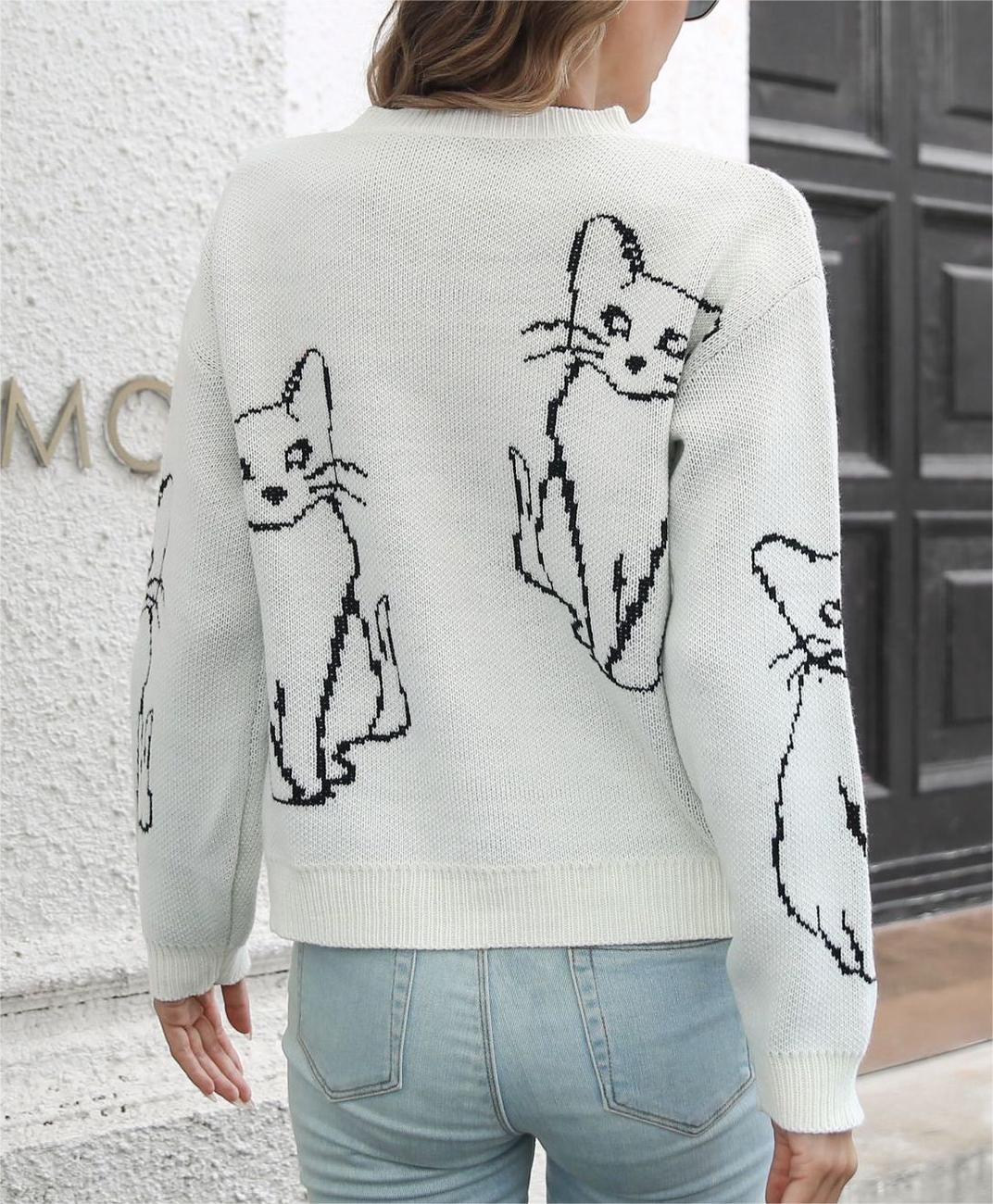 Cat Outline Jacquard Crew Neck Sweater - white - 3