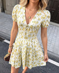 Ditsy Floral Puff Sleeve Mini Dress - Yellow