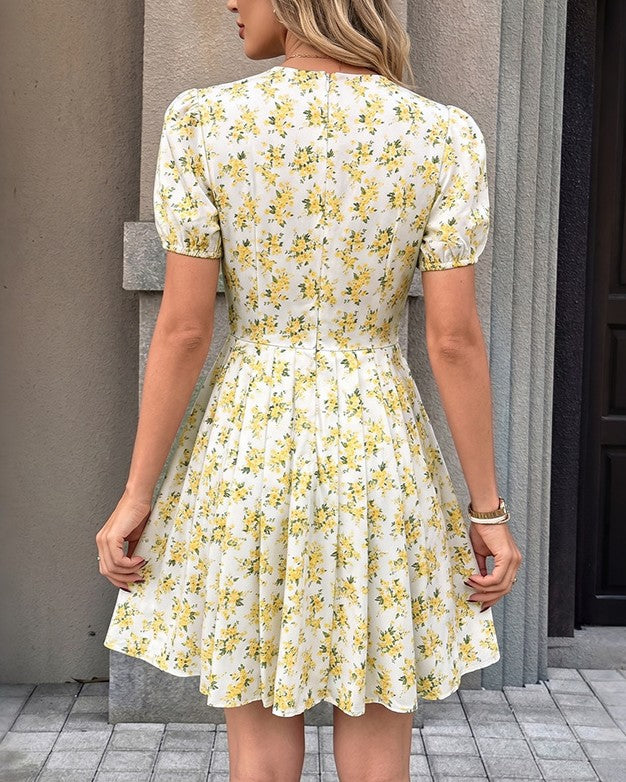 Ditsy Floral Puff Sleeve Mini Dress - Yellow - 2