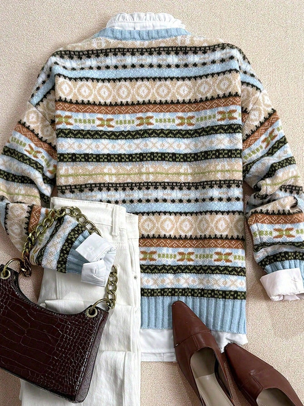 Striped Fair Isle Knit Contrast Rib Relaxed Sweater - Striped