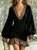 Leopard Trim Sweater Mini Dress With Ruffle Hem - Black