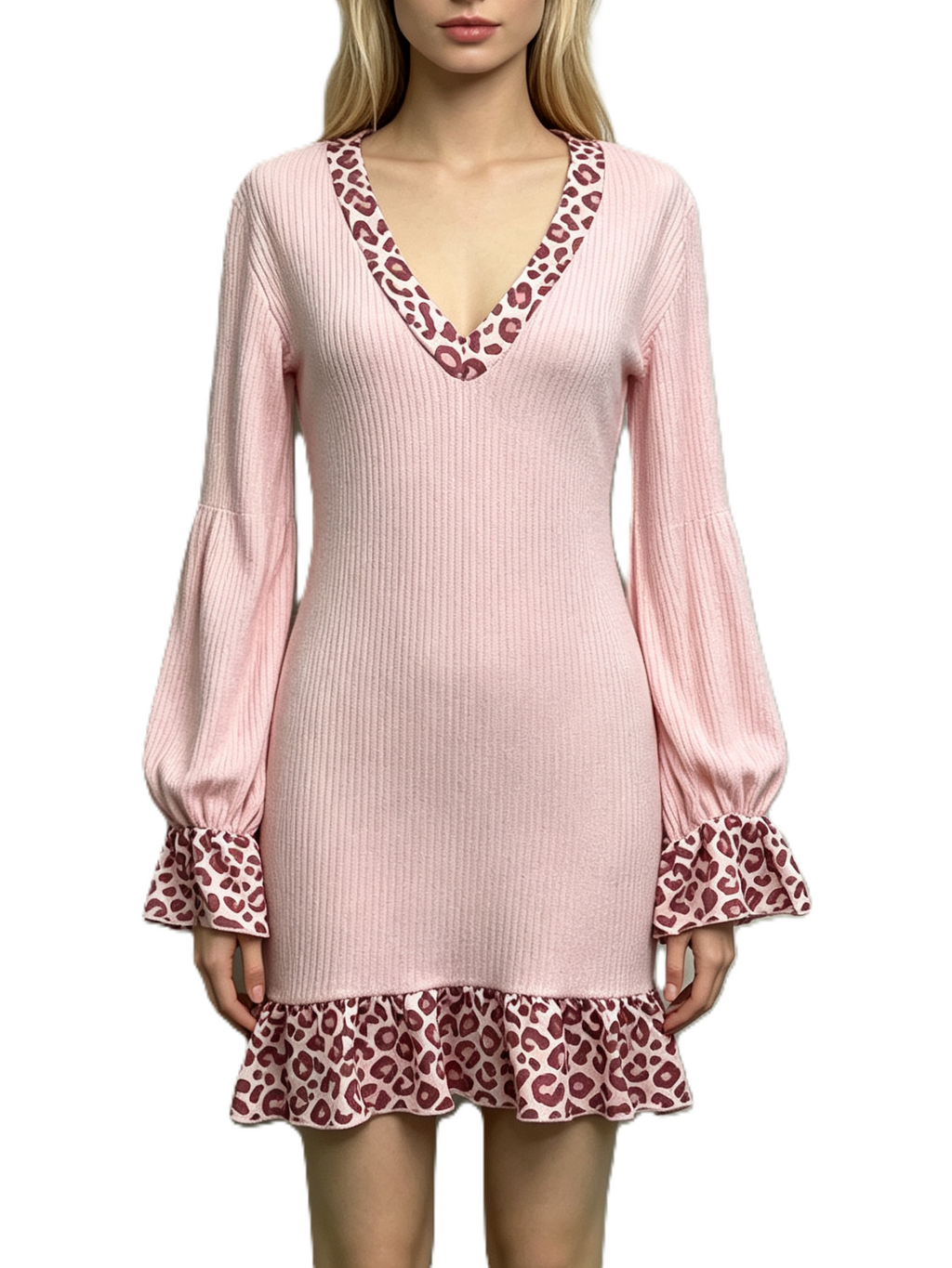 Leopard Trim Sweater Mini Dress With Ruffle Hem - Pink