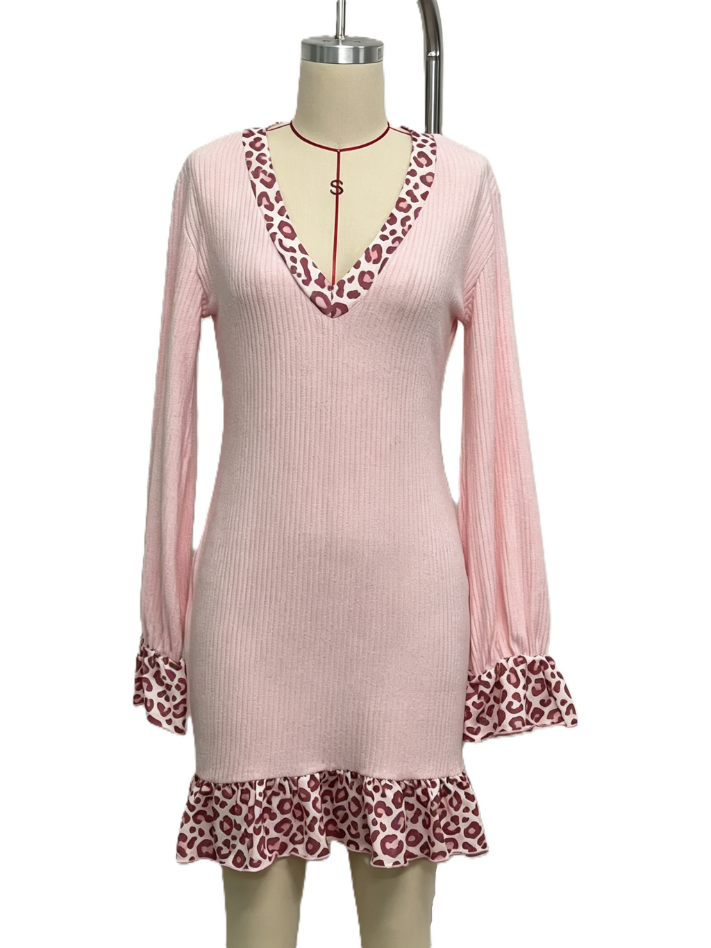 Leopard Trim Sweater Mini Dress With Ruffle Hem - Pink - 1