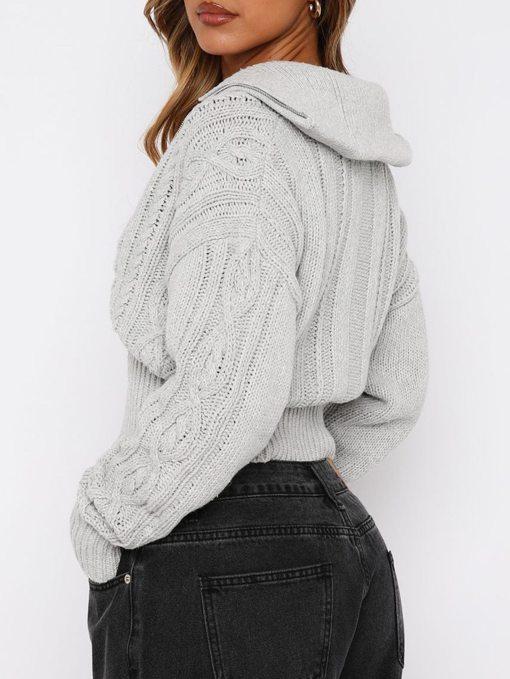 Cropped Cable Knit Zip Hooded Cardigan - Grey - 2