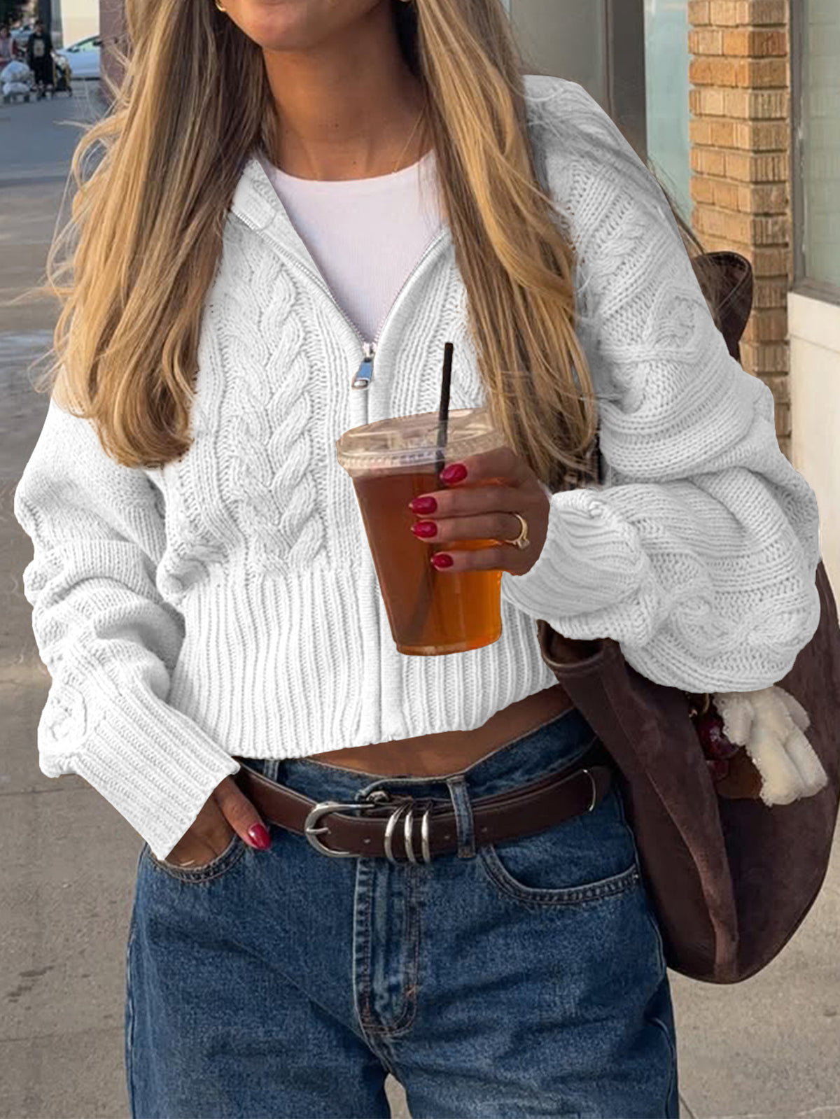 Cropped Cable Knit Zip Hooded Cardigan - White