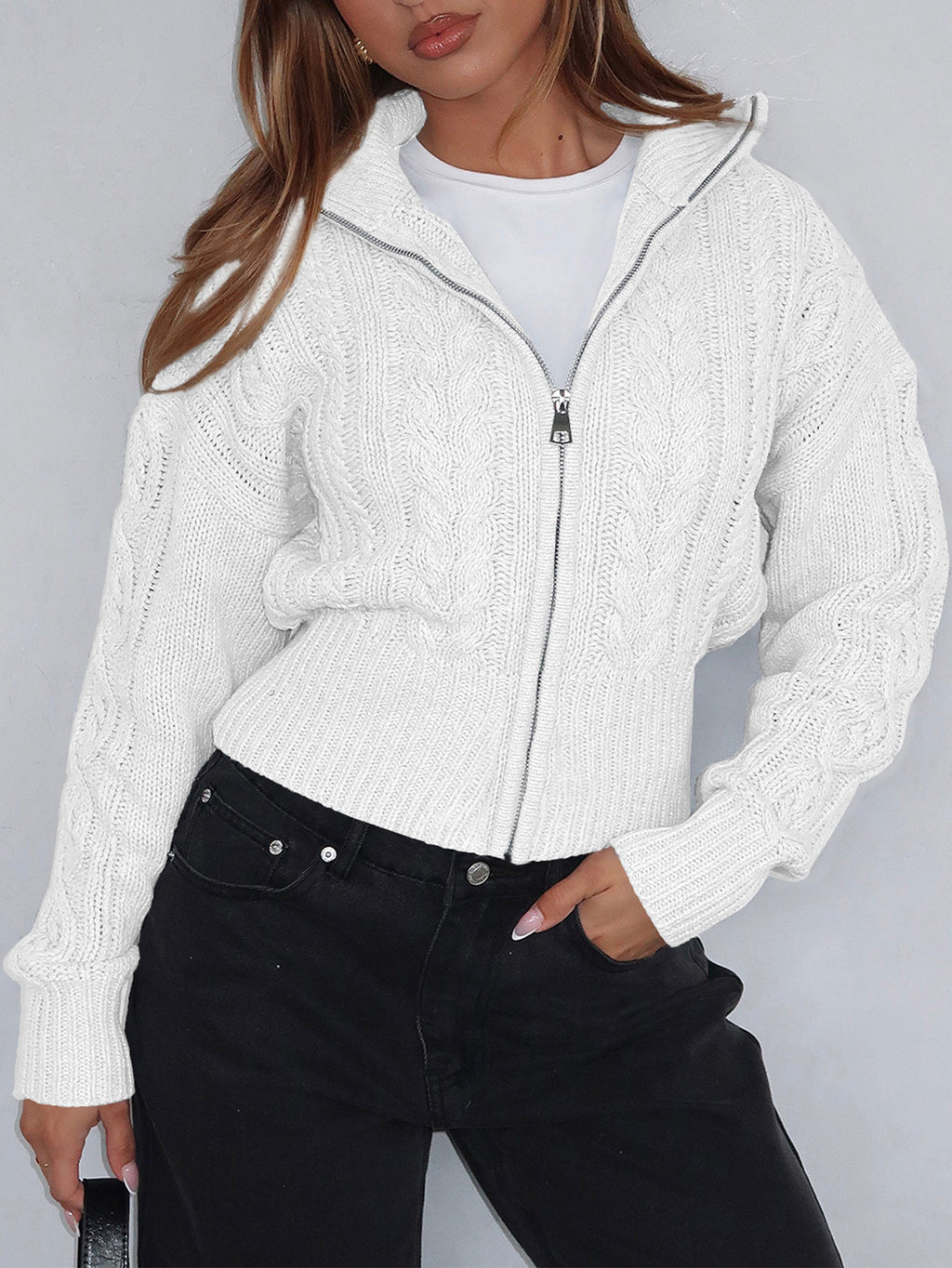 Cropped Cable Knit Zip Hooded Cardigan - White - 1