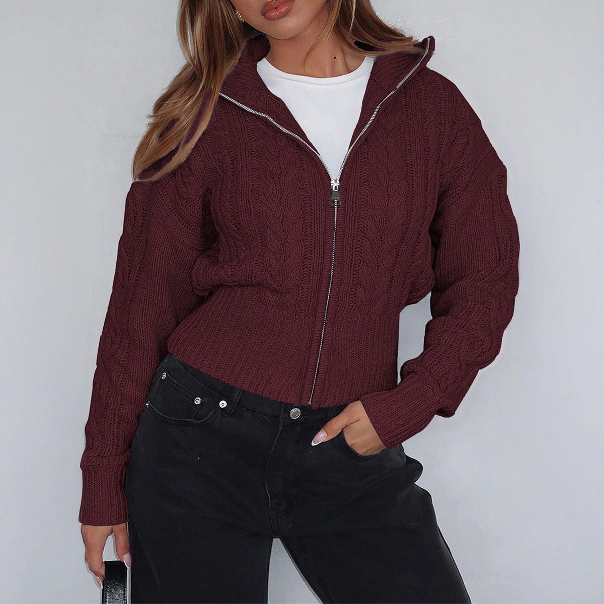 Cropped Cable Knit Zip Hooded Cardigan - WineRed - 1