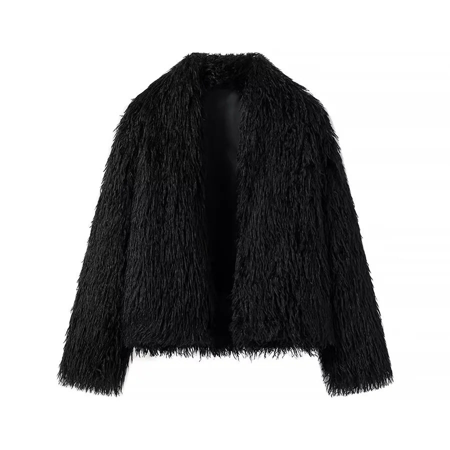 Shaggy Faux Fur Collarless Coat - Black
