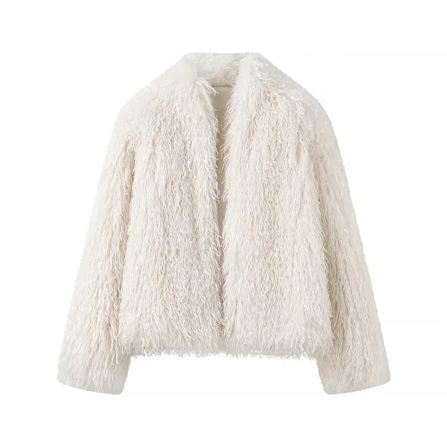Shaggy Faux Fur Collarless Coat - White
