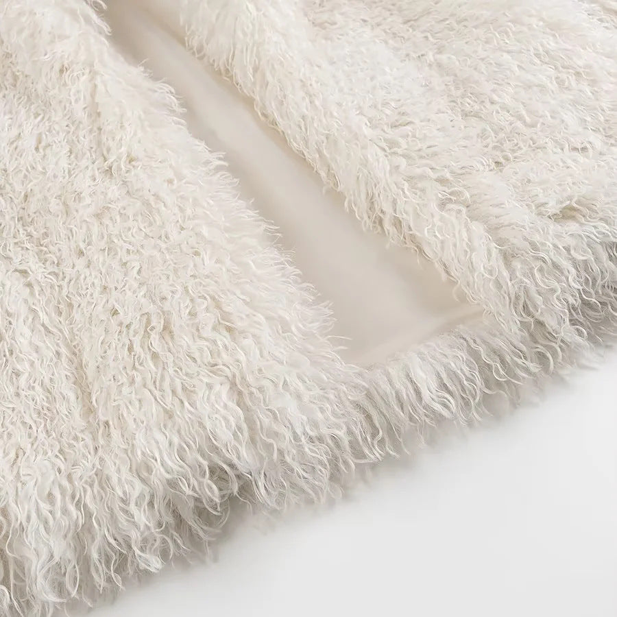 Shaggy Faux Fur Collarless Coat - White - 7