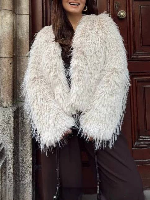 Shaggy Faux Fur Collarless Coat