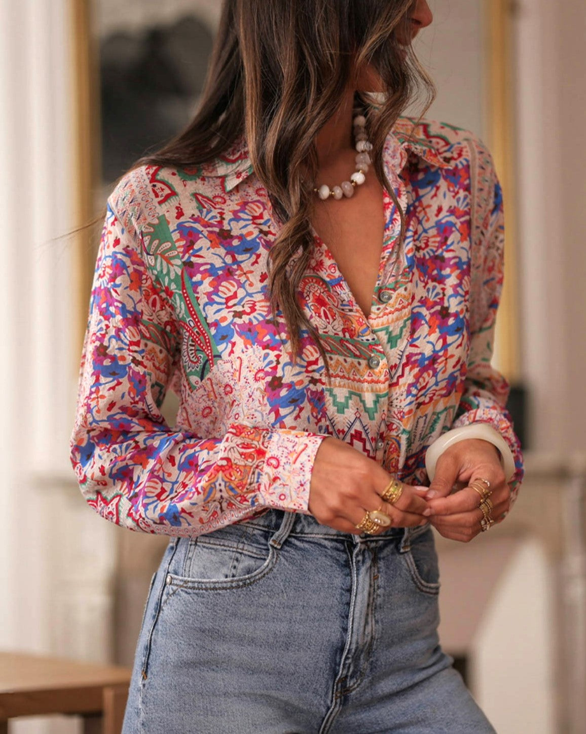 Colorful Patchwork Print Long Sleeve Blouse - Floral - 1