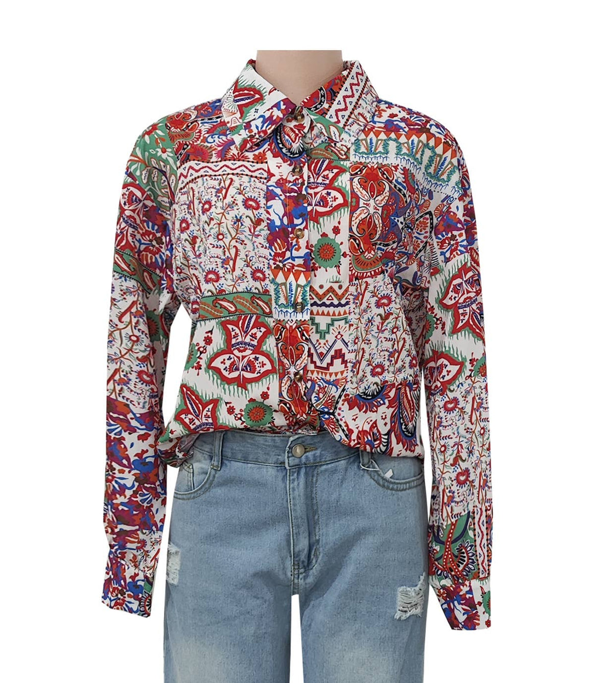 Colorful Patchwork Print Long Sleeve Blouse