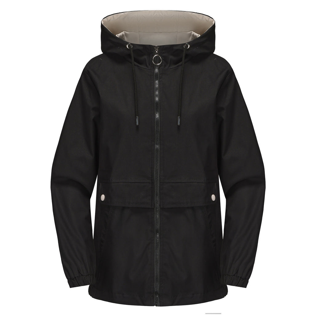 Hooded Zip Up Drawstring Waist Windbreaker - Black
