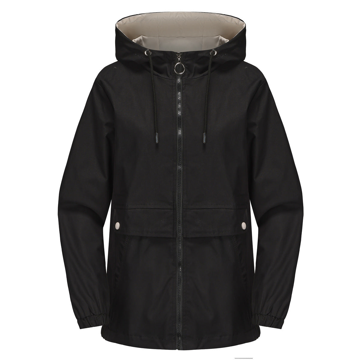 Hooded Zip Up Drawstring Waist Windbreaker - Black