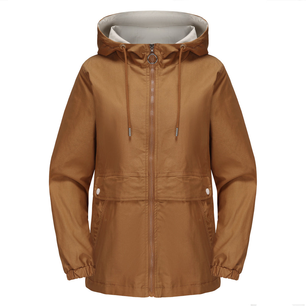 Hooded Zip Up Drawstring Waist Windbreaker - Camel