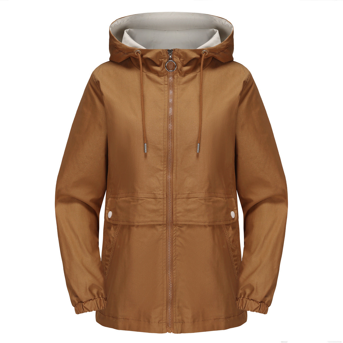 Hooded Zip Up Drawstring Waist Windbreaker - Camel