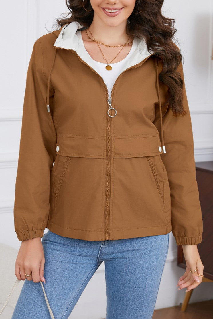 Hooded Zip Up Drawstring Waist Windbreaker - Camel - 1