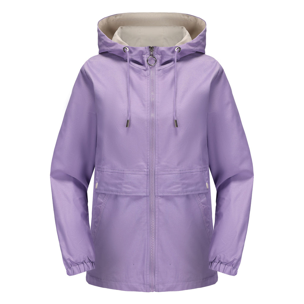 Hooded Zip Up Drawstring Waist Windbreaker - Lavender
