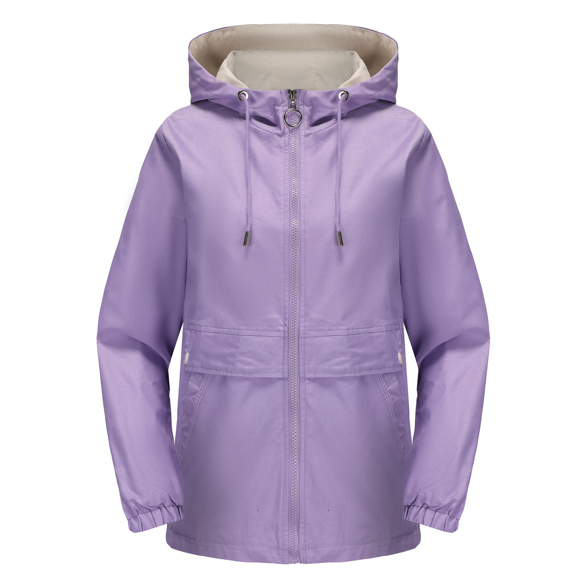 Hooded Zip Up Drawstring Waist Windbreaker - Lavender