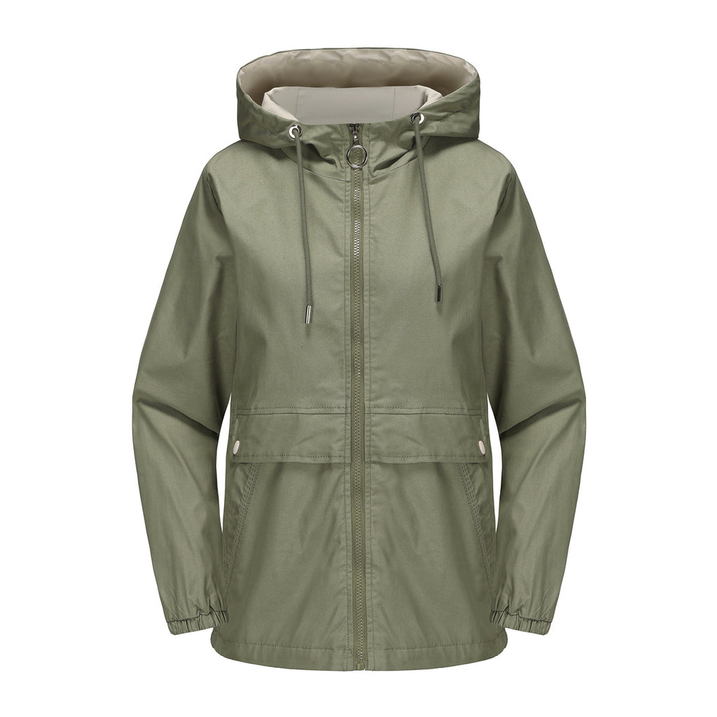 Hooded Zip Up Drawstring Waist Windbreaker - Sage