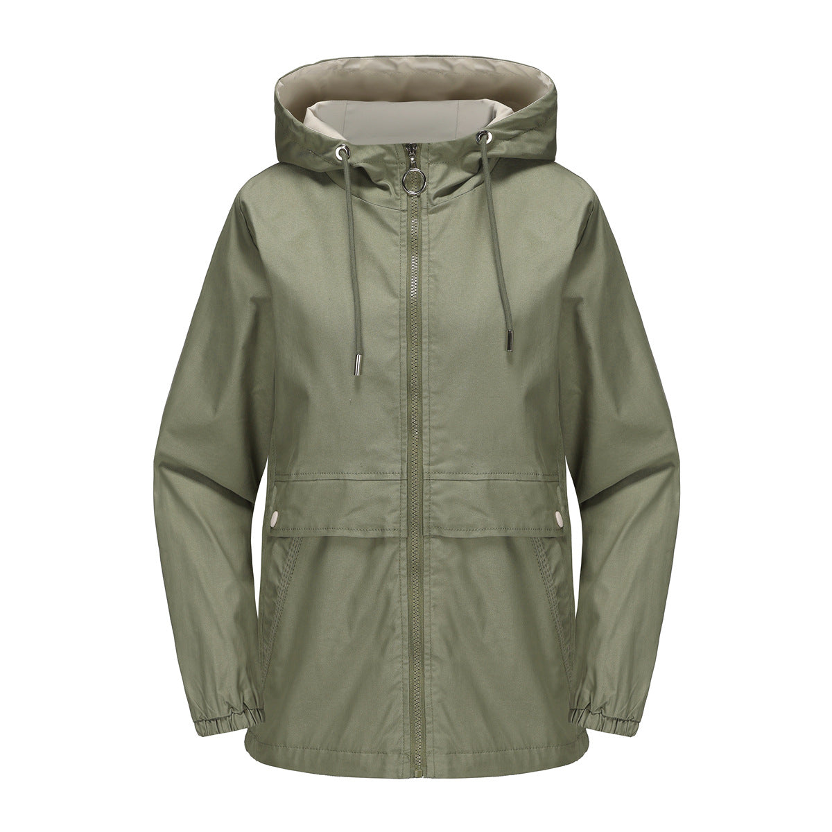 Hooded Zip Up Drawstring Waist Windbreaker - Sage