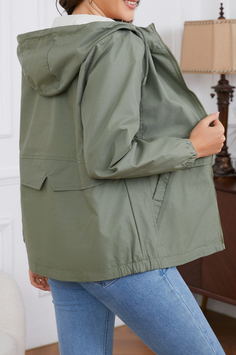Hooded Zip Up Drawstring Waist Windbreaker - Sage - 1
