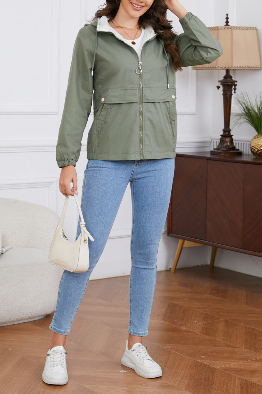 Hooded Zip Up Drawstring Waist Windbreaker - Sage - 3