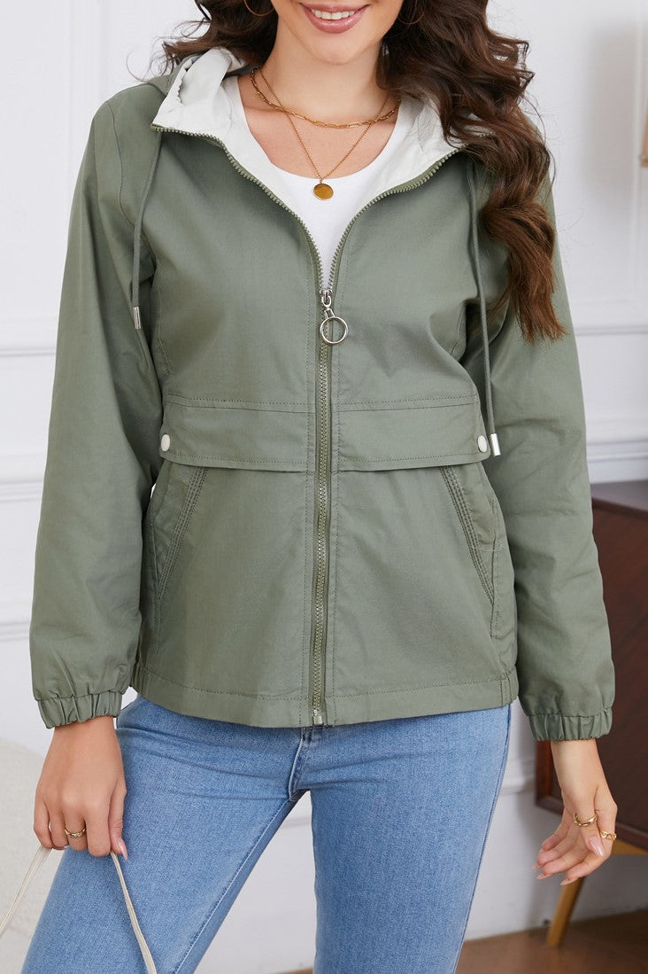 Hooded Zip Up Drawstring Waist Windbreaker - Sage - 4