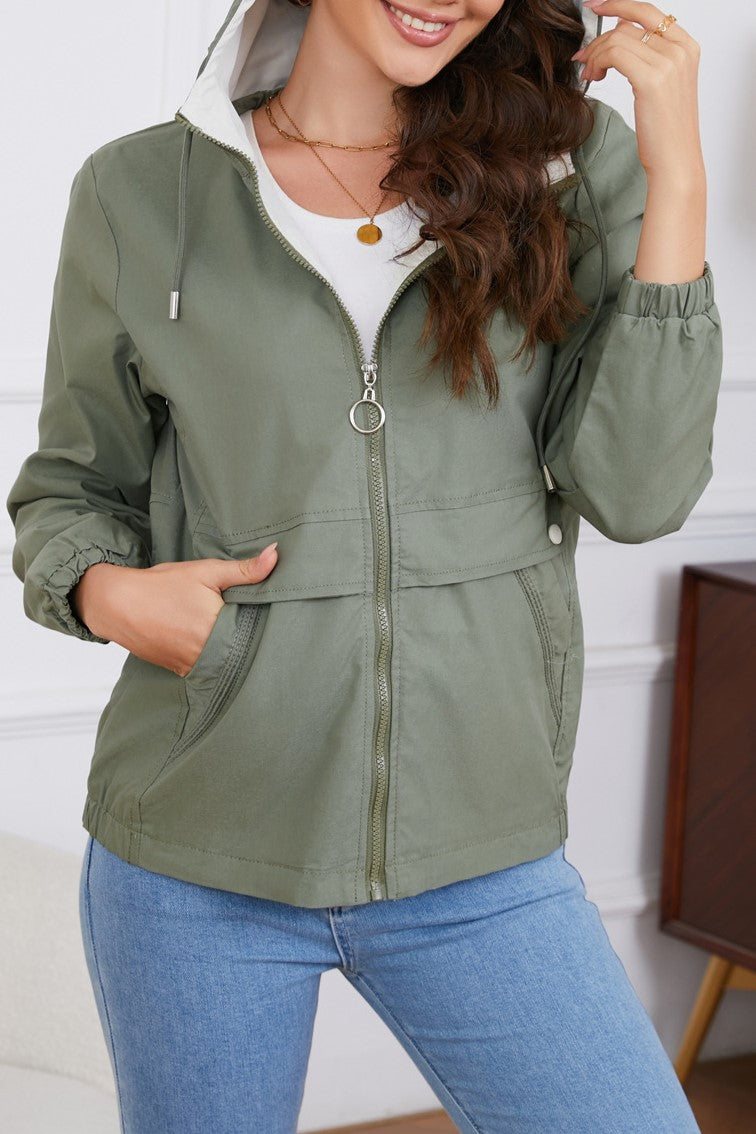 Hooded Zip Up Drawstring Waist Windbreaker - Sage - 5