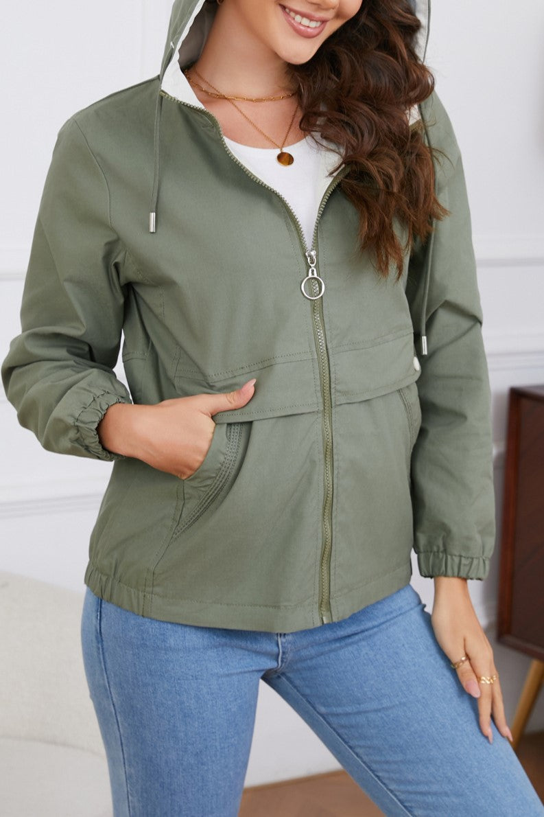 Hooded Zip Up Drawstring Waist Windbreaker - Sage - 6