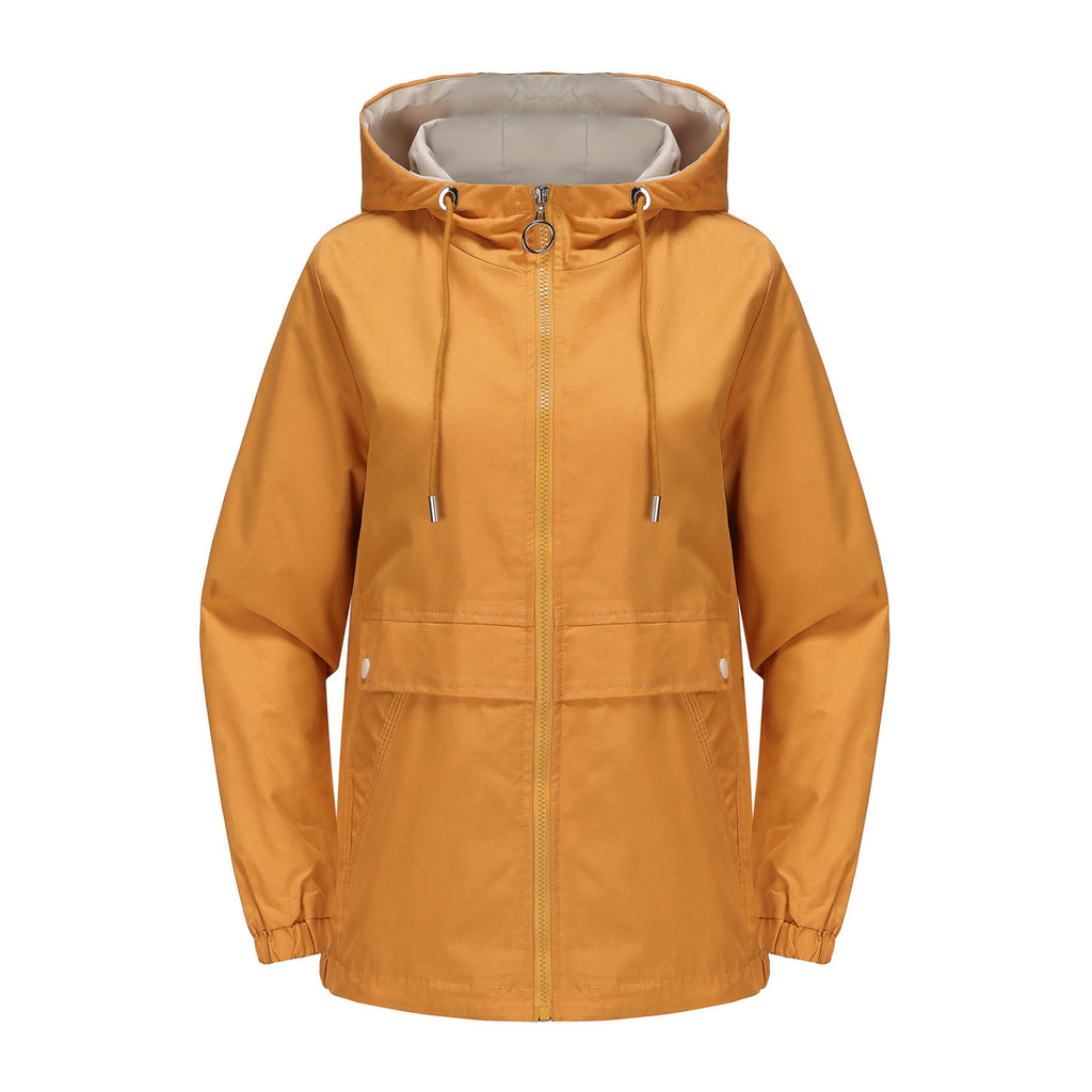 Hooded Zip Up Drawstring Waist Windbreaker - Yellow