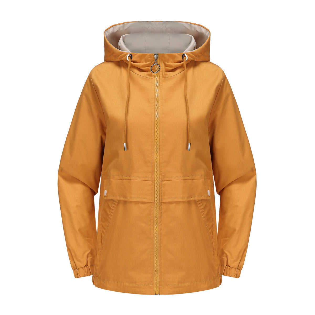 Hooded Zip Up Drawstring Waist Windbreaker - Yellow