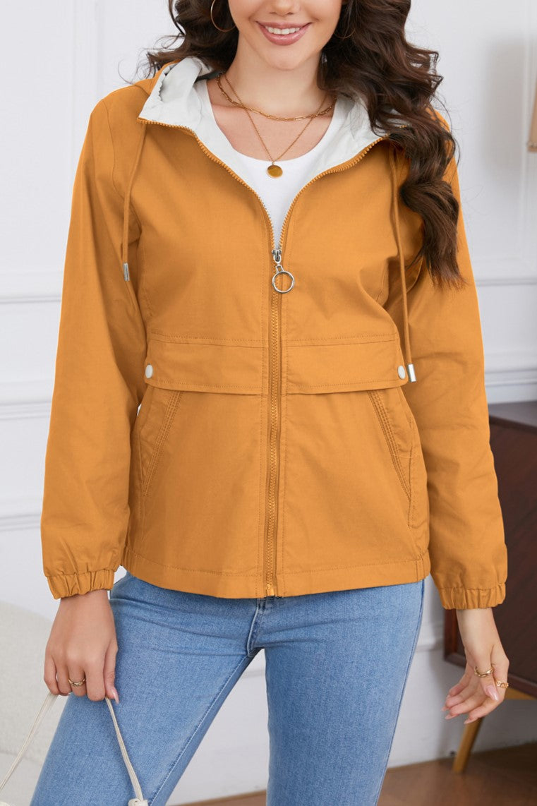 Hooded Zip Up Drawstring Waist Windbreaker - Yellow - 1