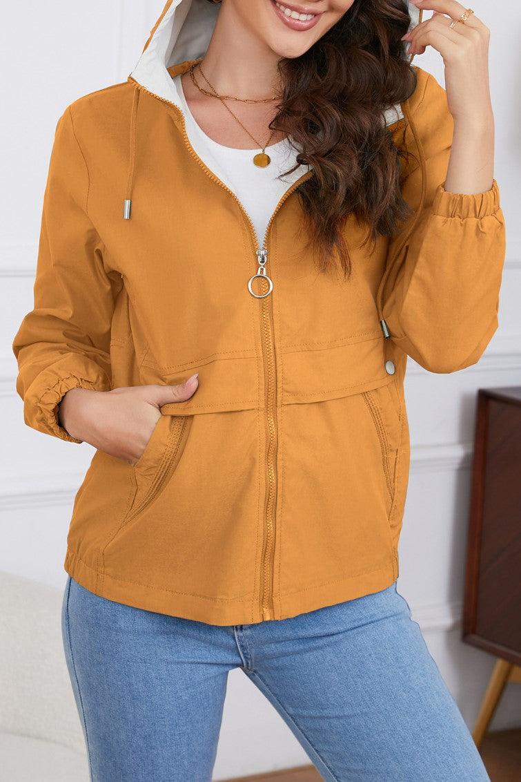 Hooded Zip Up Drawstring Waist Windbreaker - Yellow - 2