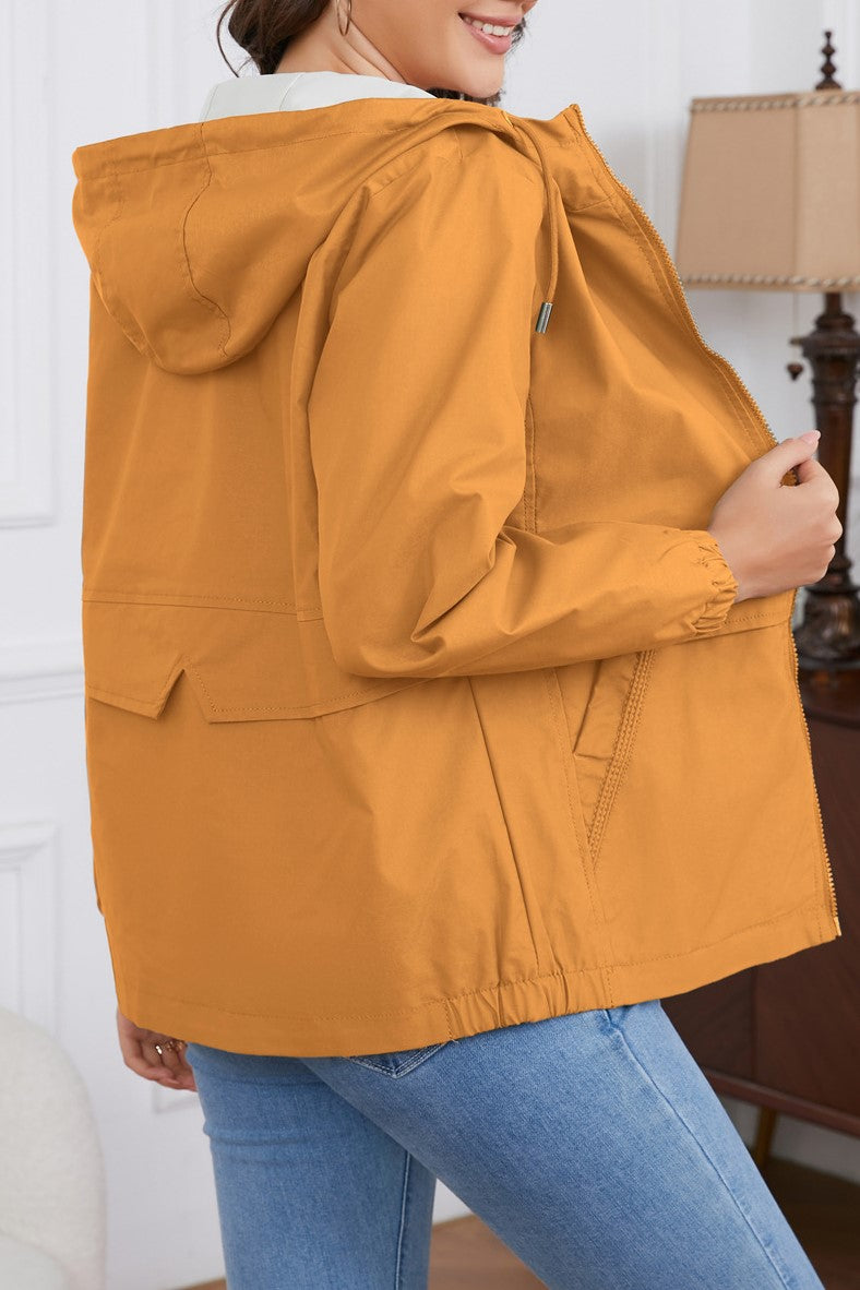 Hooded Zip Up Drawstring Waist Windbreaker - Yellow - 3
