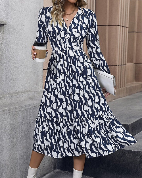 Abstract Print Smocked Waist Tiered Maxi Dress - Blue