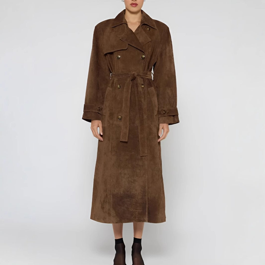 Belted Suede Longline Trench Coat - Brown