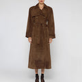 Belted Suede Longline Trench Coat - Brown