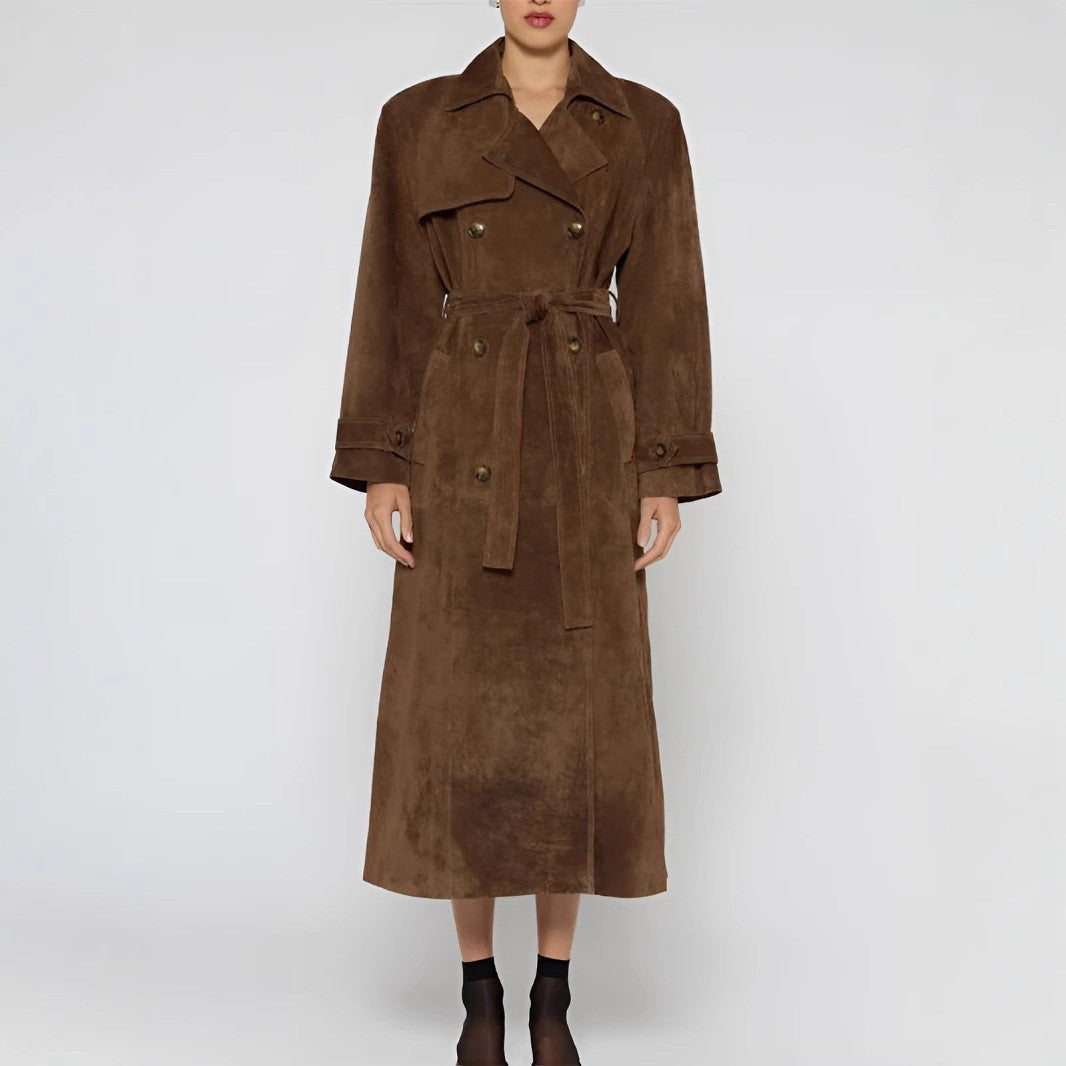 Belted Suede Longline Trench Coat - Brown