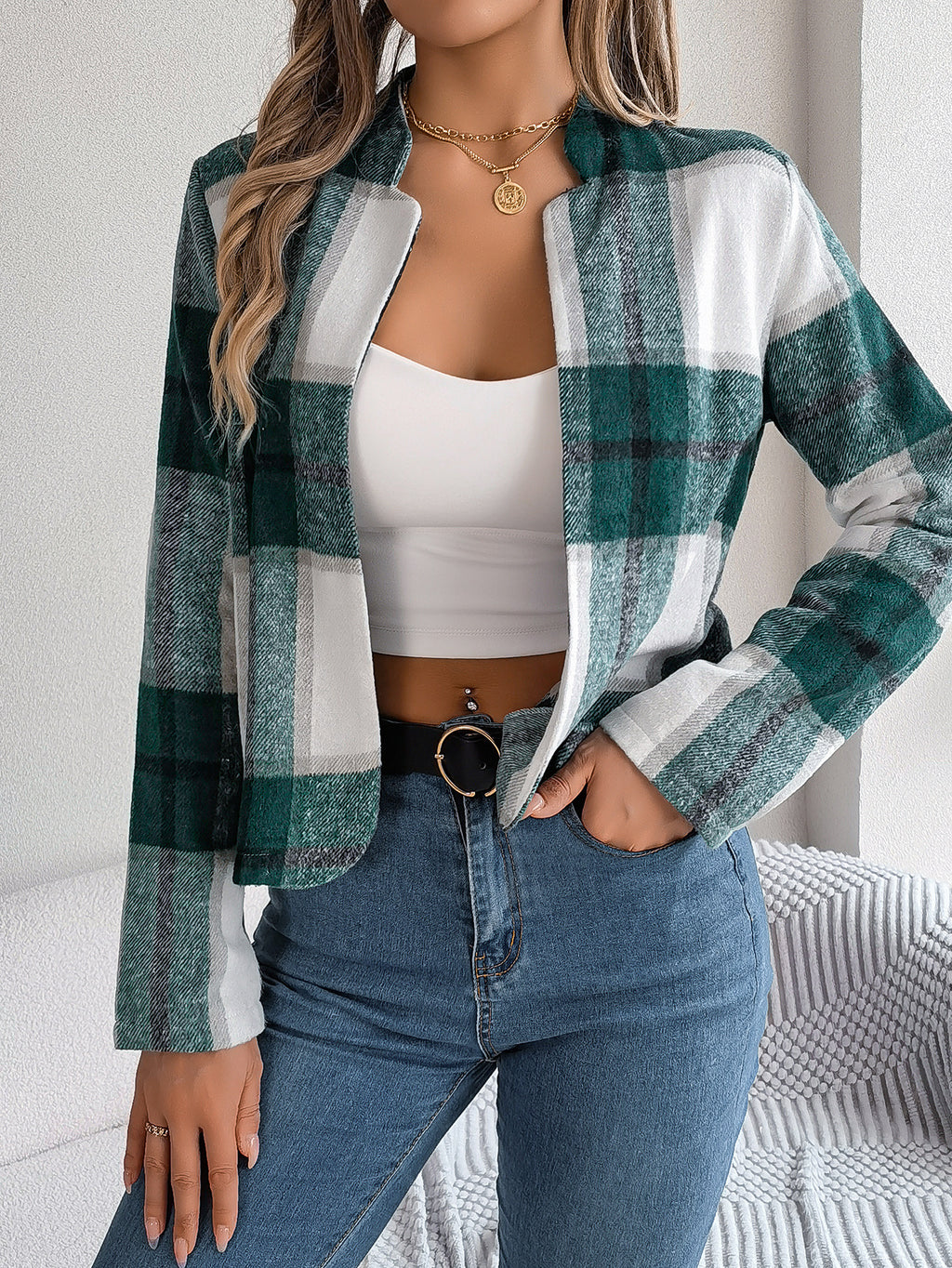 Cropped Collarless Plaid Blazer Jacket - Green